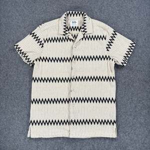 William Rast Crochet Knit Zigzag Short Sleeve Button Down Shirt Beige Mens Small